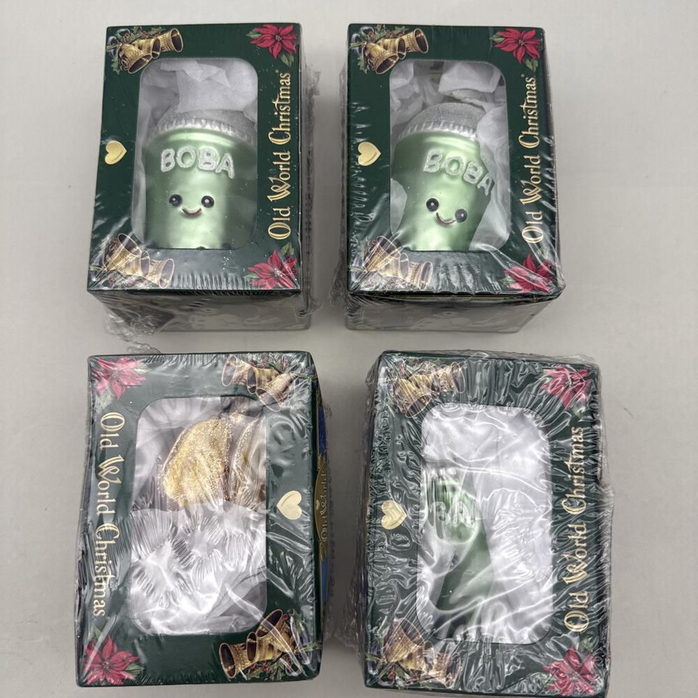 Old World Christmas 3-BOBA TEA and 1-Sandal Glass Blown Ornament w/Box 4 Total